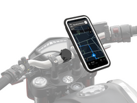 Smartphone fixé sur un support Shapeheart, pratique pour la navigation GPS et résistant aux vibrations de la moto.