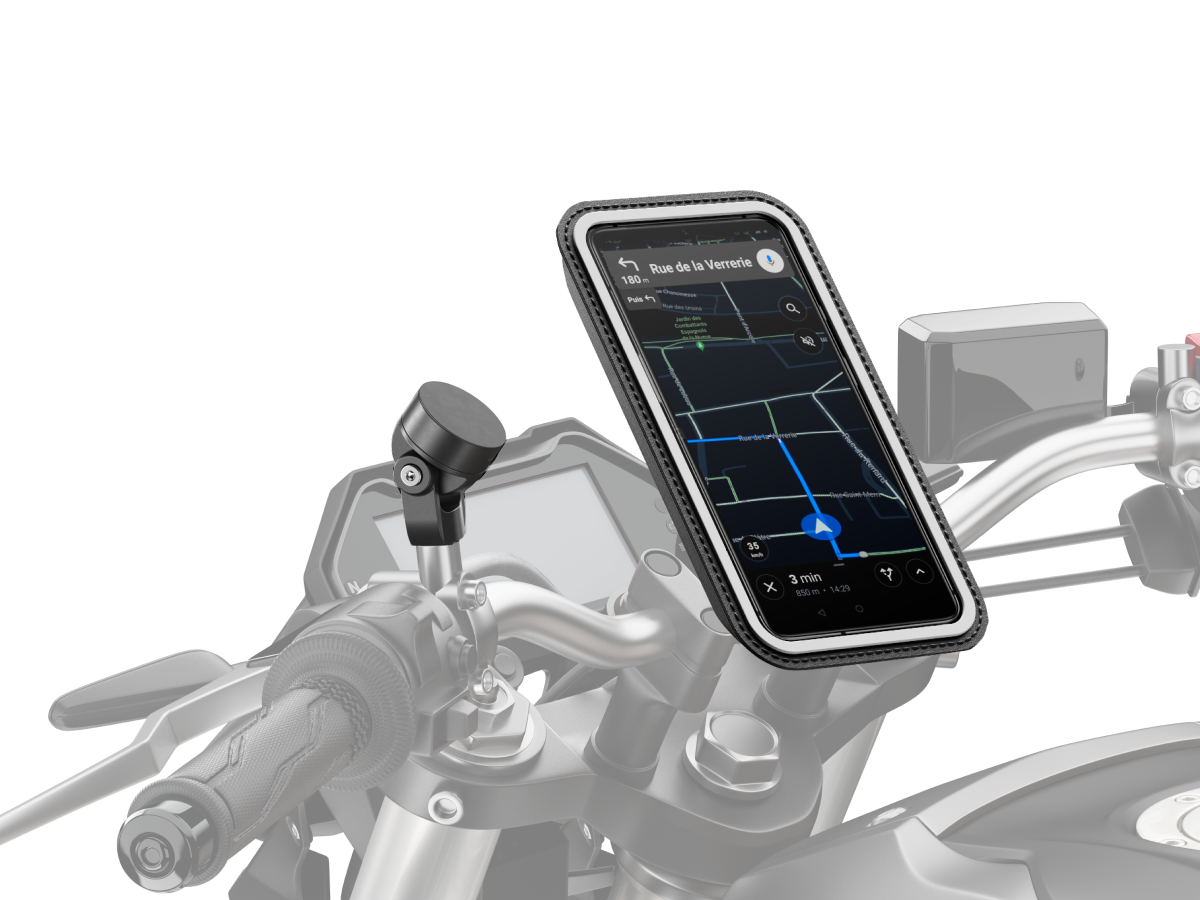 Support téléphone pour moto, fixé au bouchon de rétroviseur pour un maintien stable et sécurisé en toutes conditions