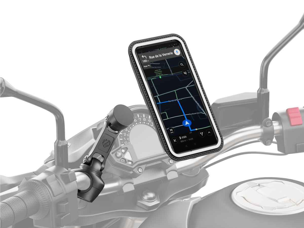 Le support Shapeheart PRO BOOST garantit une fixation robuste et personnalisable pour votre téléphone, idéal pour les guidons de moto.