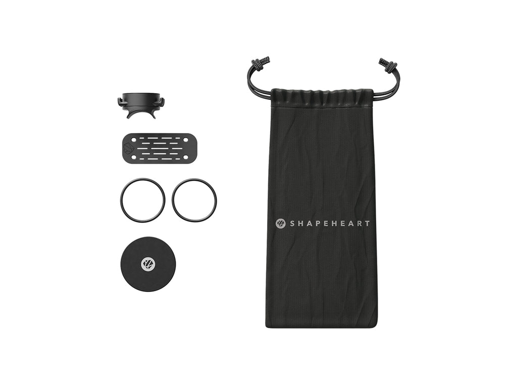 Contenu de l’emballage Shapeheart - support téléphone moto. Présentation complète du pack, incluant le support magnétique, la plaque métal et les accessoires nécessaires.